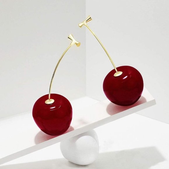 Red Cherry Dangle Drop Gold Cute Earrings - Picture 5 of 5
